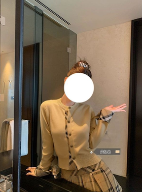 LINONEONE奶咖学院 米白拼接假两件毛衣开衫卡其格子半身裙套装