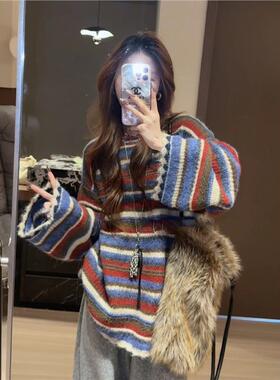 冬装一整套穿搭慵懒松弛感羊羔毛马甲叠穿条纹毛衣阔腿裤三件套女