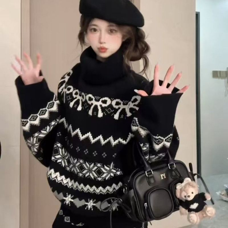 费尔岛套装女秋冬季小个子黑色加厚高领针织毛衣休闲短裤子两件套