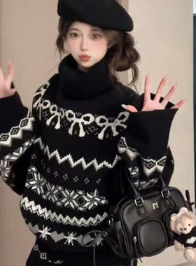费尔岛套装女秋冬季小个子黑色加厚高领针织毛衣休闲短裤子两件套