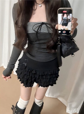 法式套装韩系条纹拼接假两件T恤女冬季黑色毛呢半身裙中裙两件套