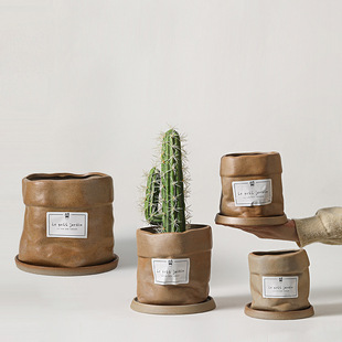 花盆带托盘一体新型好看的布袋陶瓷系列轻奢高级感家用素胚花盆