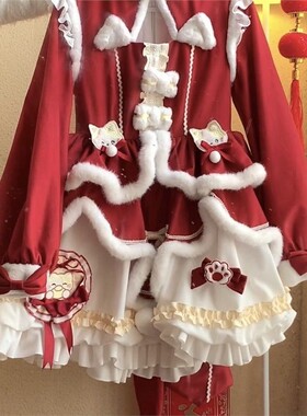 招财猫加绒红色lolita拜年服lo裙秋冬款喜庆新年战袍洛丽塔套装女