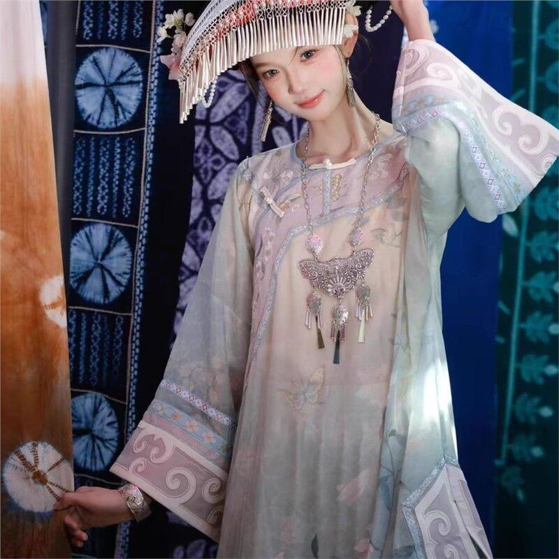 苗疆少女民族风云南旅游凉山彝族倒大袖印花上衣百褶裙国风套装