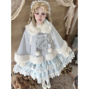 Lolita女萌妹秋冬新款日系甜美洛丽塔斗篷蝴蝶结短款斗篷披肩外套