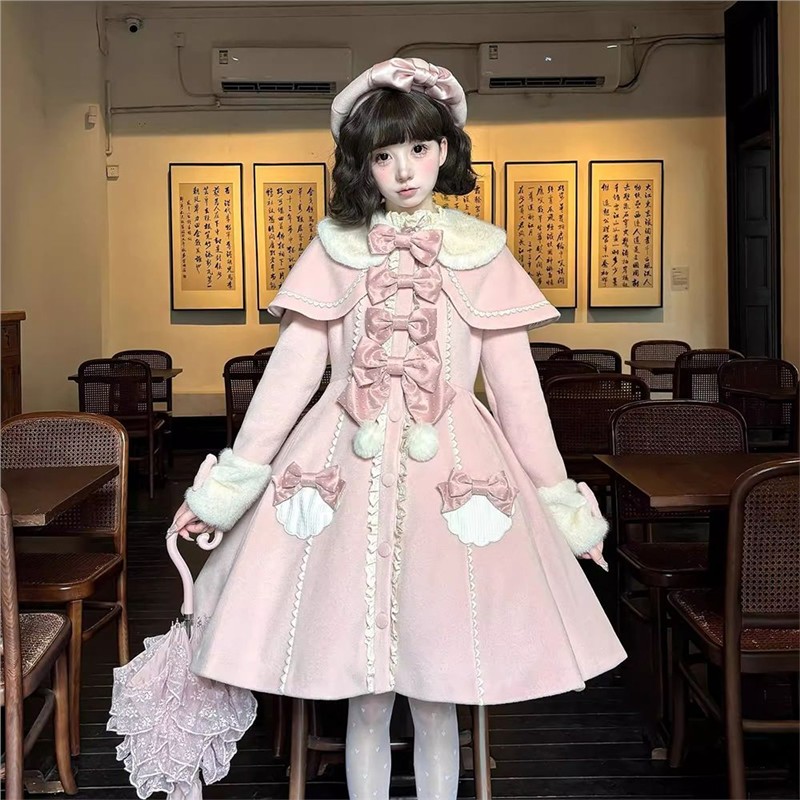 冬季新款甜美lolita小姐设计披肩斗篷蝴蝶结毛呢外套套装