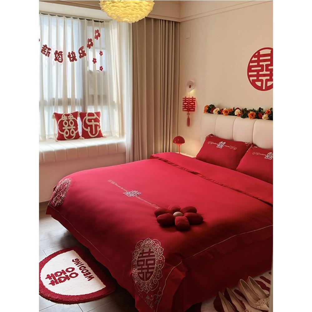 乐优公主100支长绒棉结婚四件套婚庆大红色床单喜被婚嫁床上用品