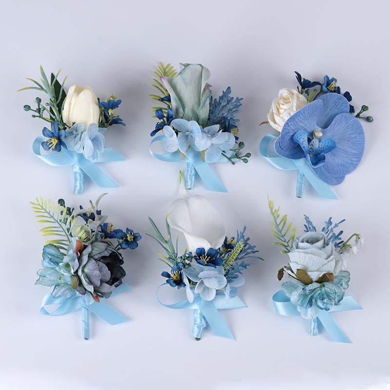 蓝色高级新郎新娘结婚胸花婚礼伴郎马蹄莲蝴蝶兰商务会议嘉宾襟花