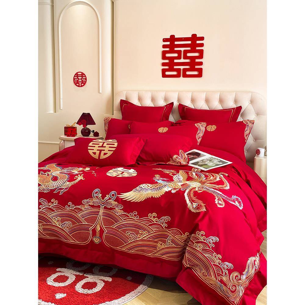 结婚喜庆大红色四件套中式龙凤刺绣被套纯棉床单婚庆婚嫁床上用品