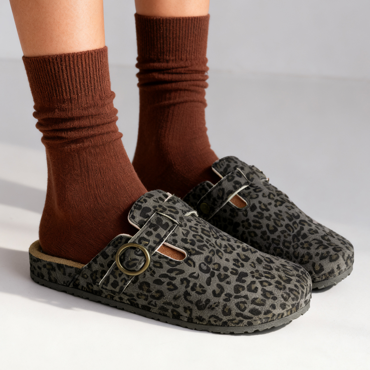 豹纹勃肯鞋女休闲包头外穿半拖鞋