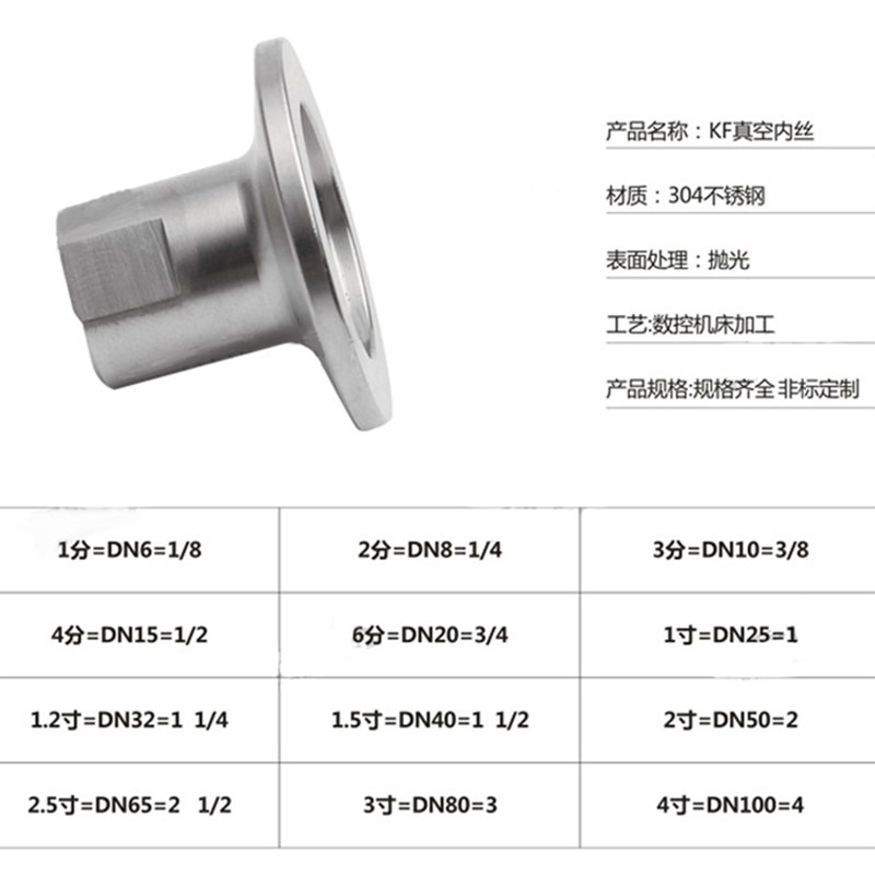 KF16/25/40/50真空铣边内丝接头E304不锈钢真空KF卡盘内丝快装内