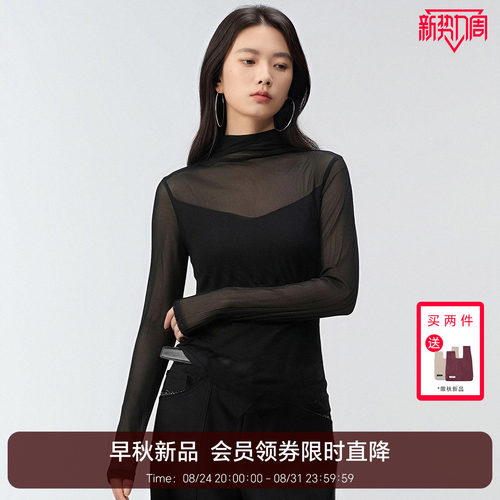 恩比时黑色半高领网纱打底衫女2026早秋透视拼接修身长袖内搭上衣
