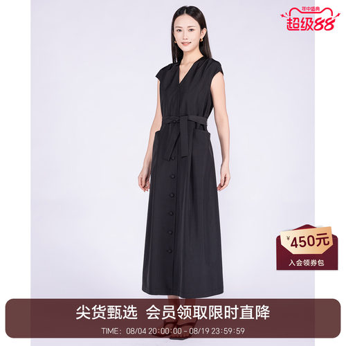 恩比时桑蚕丝连衣裙女2026夏季新款工装风无袖v领收腰系带小黑裙