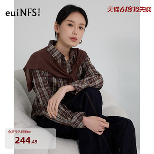 恩比时复古格子衬衫2026春秋新款棉质翻领休闲宽松短款松弛感上衣