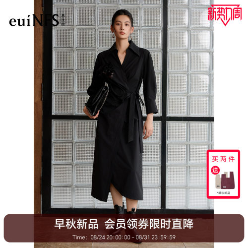 恩比时衬衫领连衣裙女2026秋季新款黑色长袖系带收腰设计感亮片裙