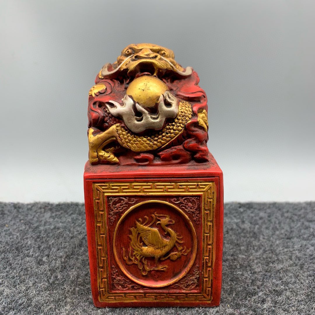 古玩仿古寿山石雕朱砂描金印章59盘龙顺治玉玺摆件带字客厅装饰