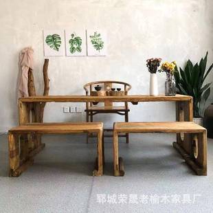 老榆木茶桌椅组合风化老门板办公室泡茶台家用禅意书桌长桌