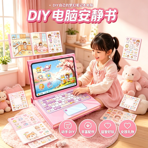 梦幻卡通笔记本电脑安静书贴纸儿童手工DIY材料包免裁剪贴画玩具