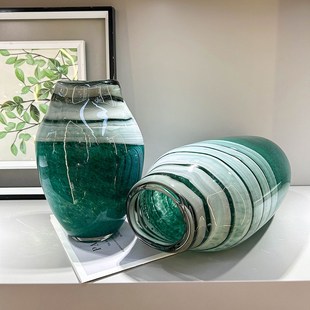 高端创意艺术大理石水波纹插花绿色琉璃玻璃花瓶水培大肚花器摆件