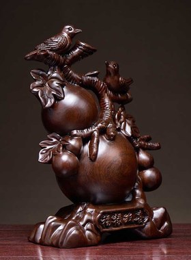 黑檀实木根雕f喜上眉梢葫芦摆件客厅办公室福禄双全喜鹊雕塑工艺