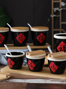 复古创意怀旧福字小酒缸陶瓷白酒杯带盖迷你小水缸小酒馆专用杯子