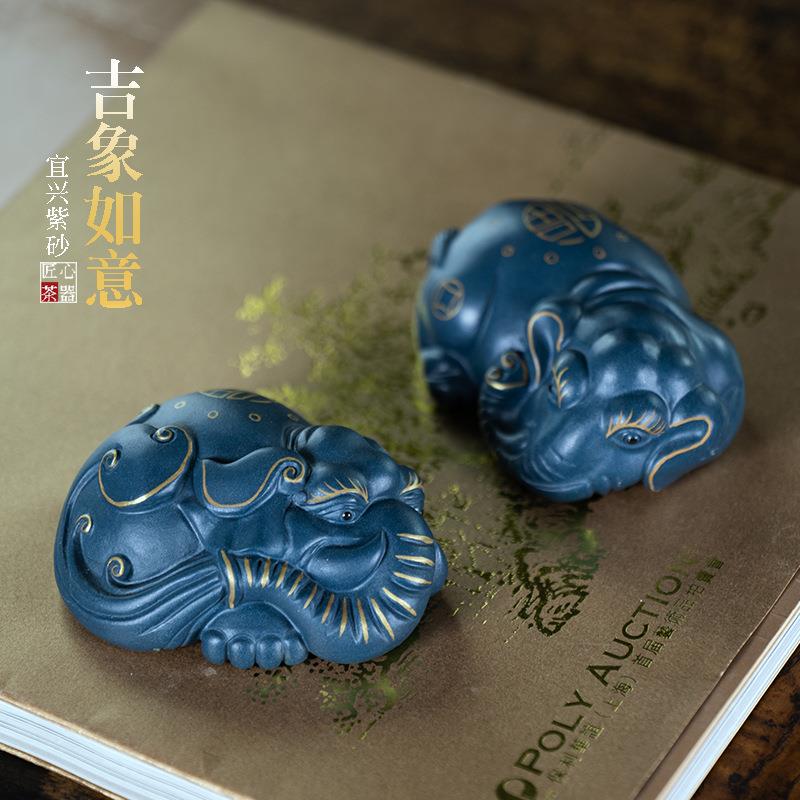 宜兴原矿紫砂茶宠象吉祥如意描金墨绿泥大象雕塑茶具摆件可养茶道