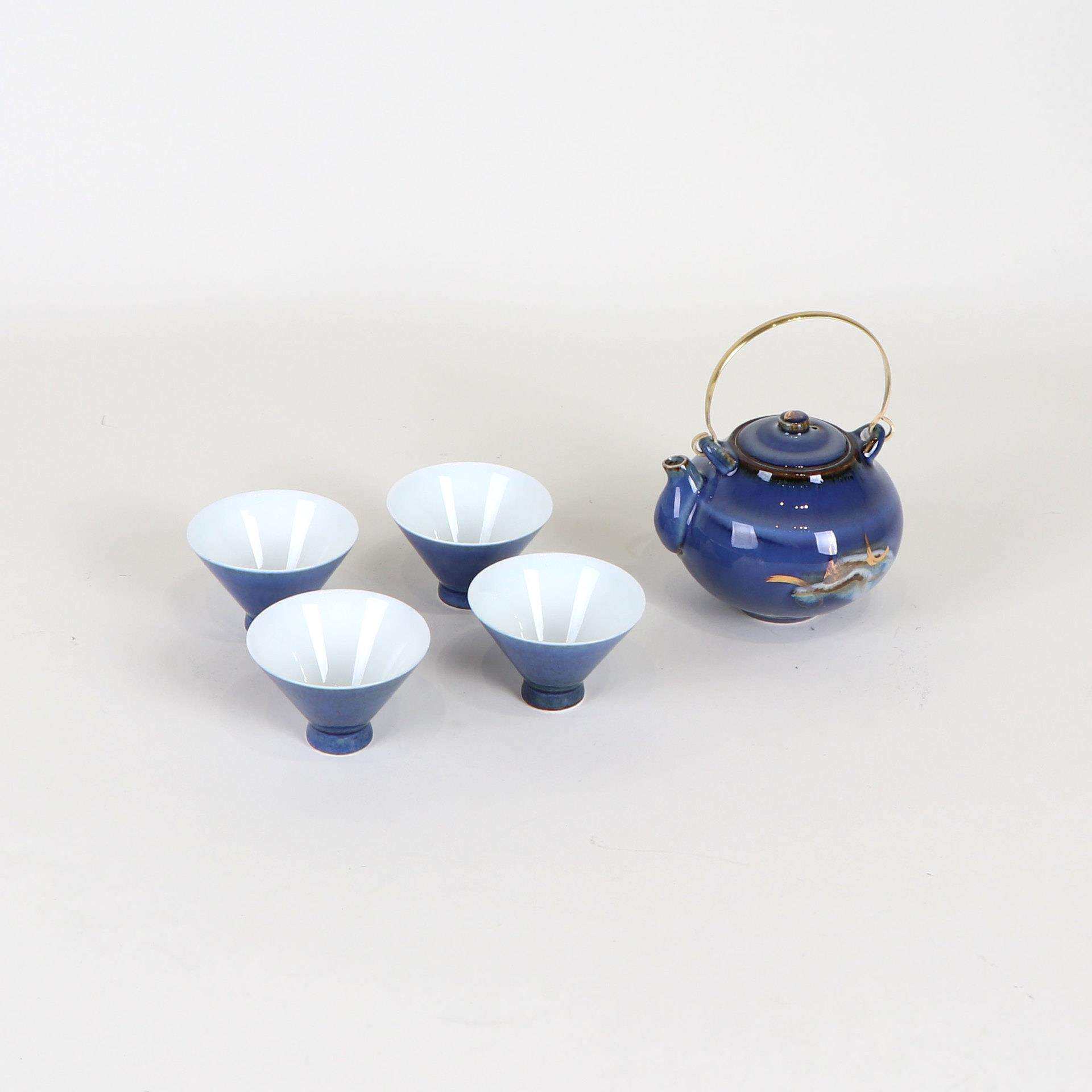 新中式禅意陶瓷蓝色提梁壶茶具套装摆件茶室售楼处展厅大堂装饰品