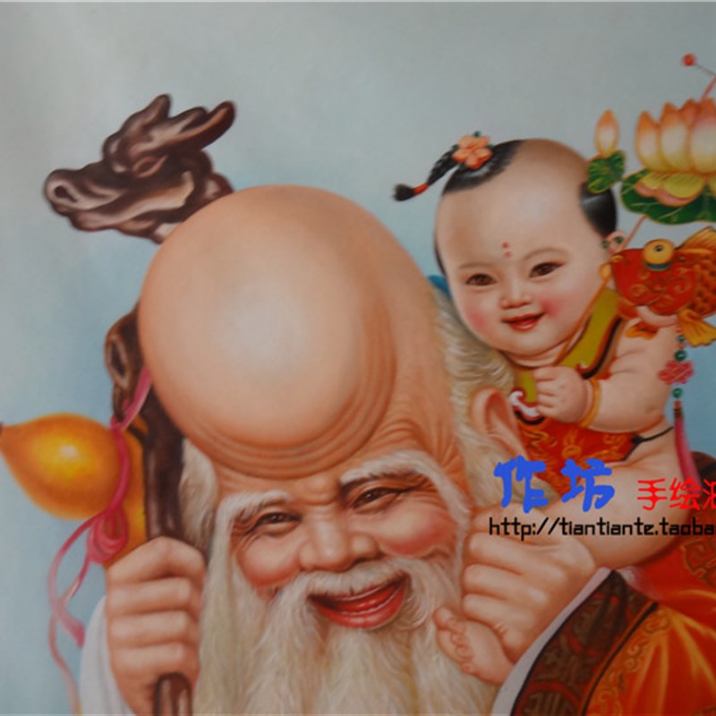 手绘油画福禄寿美体多子祥寿礼中式人物定制画像客厅家居装饰挂画