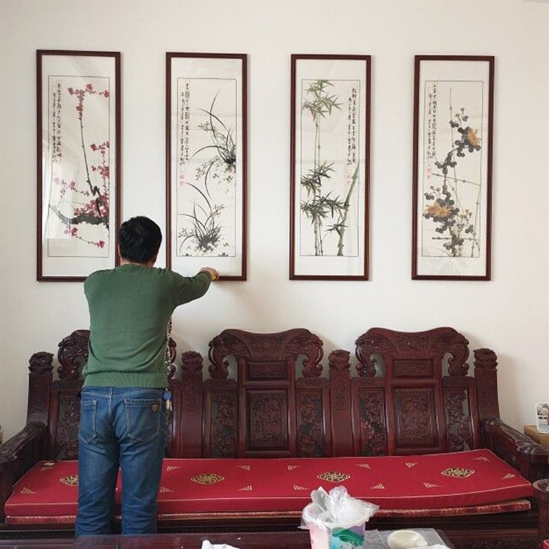 梅兰竹菊挂画纯手绘四条屏新中式客厅沙发背景墙装饰壁画花鸟国画