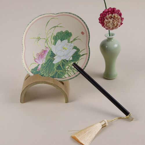 中国风长柄家居装饰宫扇 蜻蜓荷花丝绸双面团扇 商务外事礼品扇子