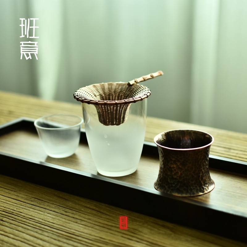 班意 铜紫铜茶漏茶滤铜柄过滤网黑铜制把柄配件手工茶隔漏斗