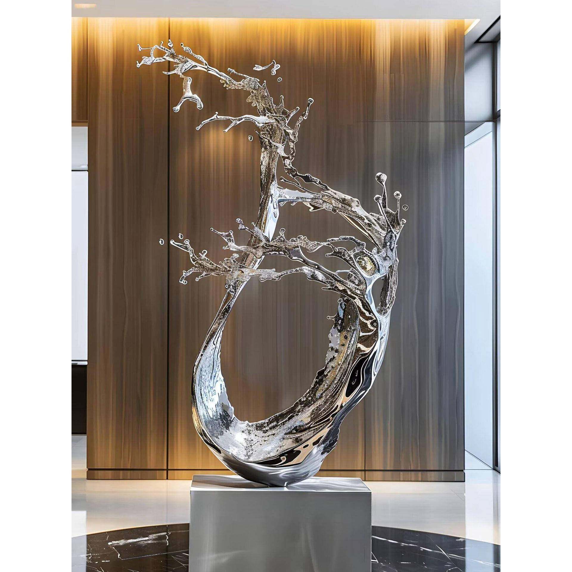 不锈钢水花雕塑定制大型水景镜面发光地产景观水滴浪花户外摆件