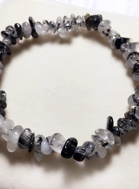 天然黑发晶碎石手链 不规则碎石水晶手串单圈招财diy串珠饰品