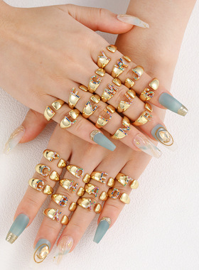 跨境时尚个性字母锆石调节数字戒指铜镶彩锆潮流个性开口礼物