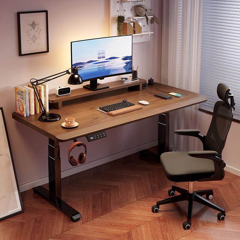 全实木电动升降桌电脑桌台式家用办公桌书桌卧室学生学习桌书桌