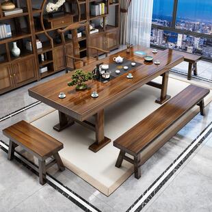 实木原木大板茶桌椅组合一桌五椅中式办公室家用茶几泡茶一体茶台