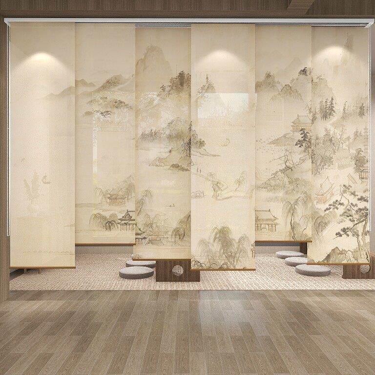 平移双开推拉门帘遮光窗帘客厅软隔断帘子空调茶室折叠中式屏风帘