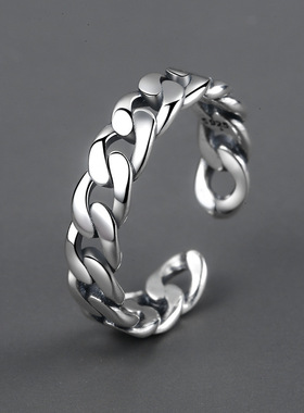 s925纯银复古编制泰银绳锁戒指女做旧镂空编织情侣指环男小众