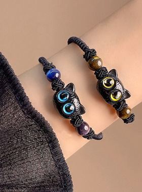 仿黑檀木猫咪编织手链小众情侣款新中式复古风百搭手绳闺蜜配