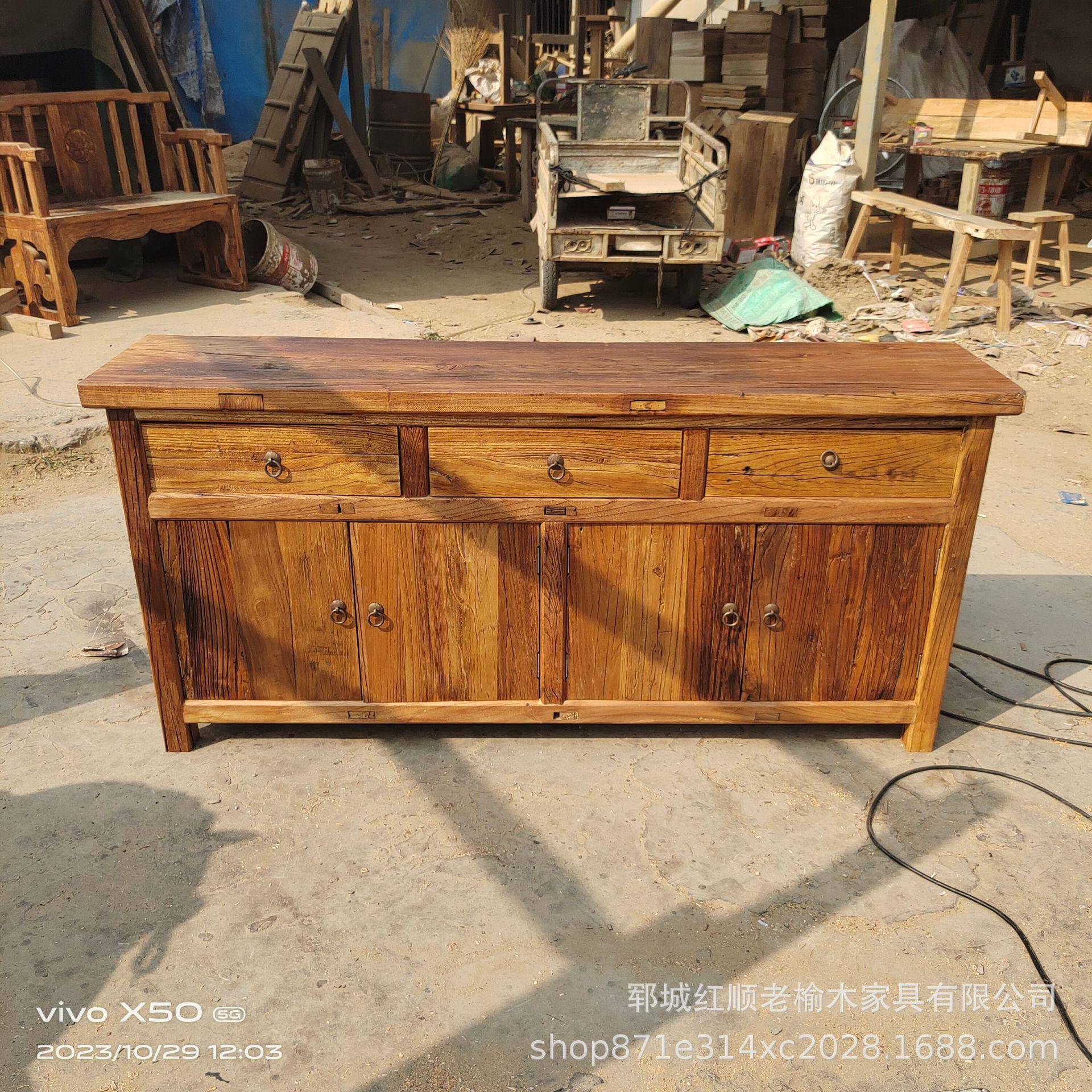 老榆木风化板材家具客厅茶桌斗柜民宿酒店禅意复古老榆木储物矮柜