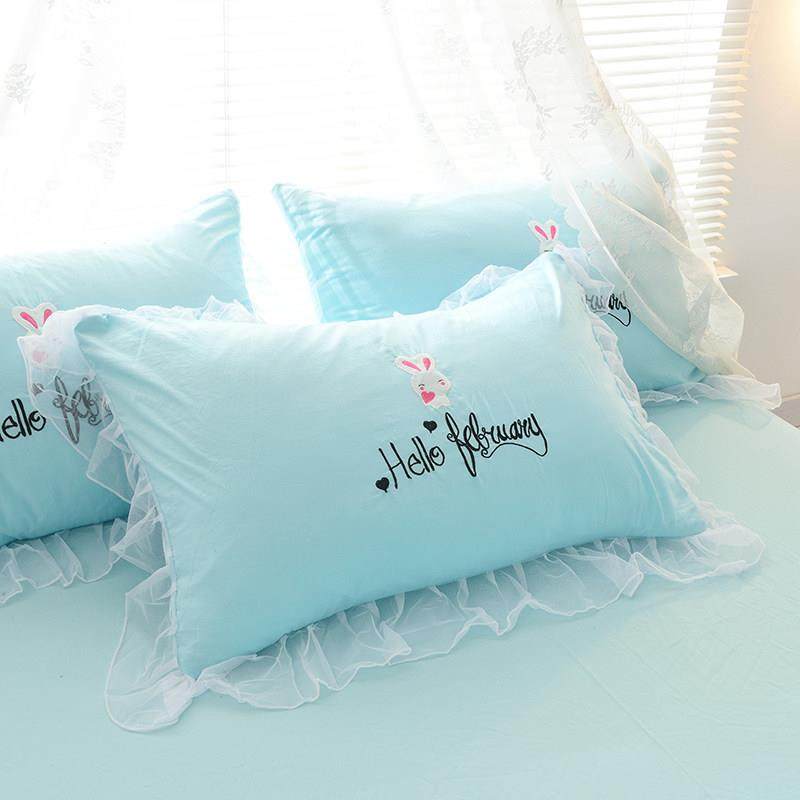 卡通雪网兔水洗棉枕套公主风白纱花边贴布绣48x74cm枕头套一对装,床上用品,枕套,淘宝优惠券,粉丝福利购,淘宝优惠卷