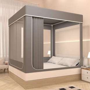 新款 三开门床帘蚊帐支架公主床幔遮光布帘一体式 家用全遮光免安装