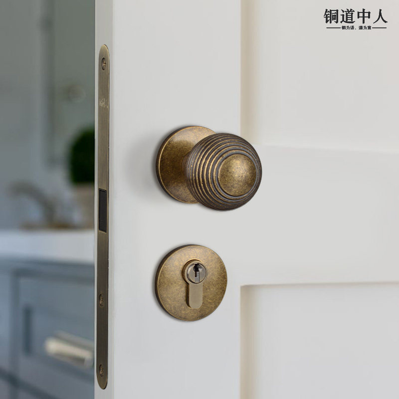 铜道中人黄铜复古圆球形门锁古铜色室内分体磁吸静音卧室双开门把