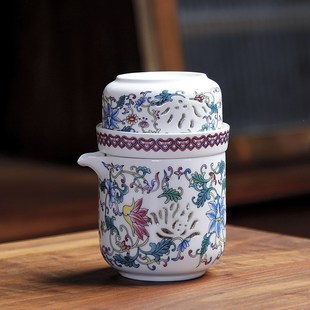 泓器缠枝莲羊脂玉瓷玲珑旅行茶具户外快客杯一壶三杯便携泡茶器