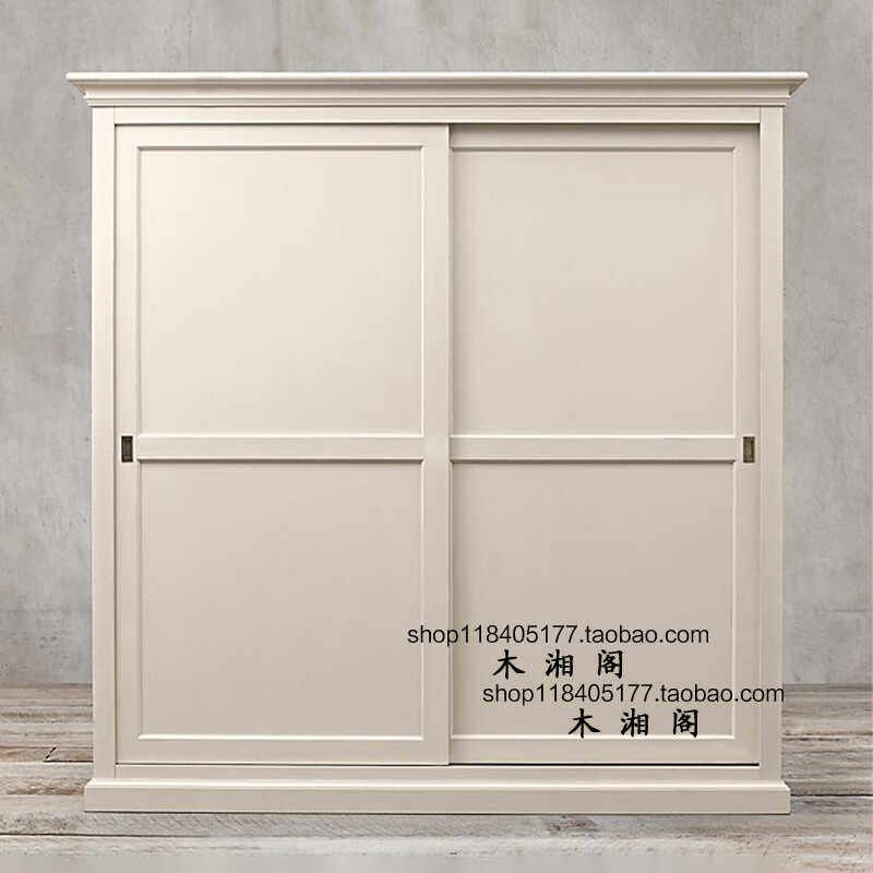 出口美式实木移门衣柜衣橱欧式小户型简约推拉门衣柜奶白色储物柜