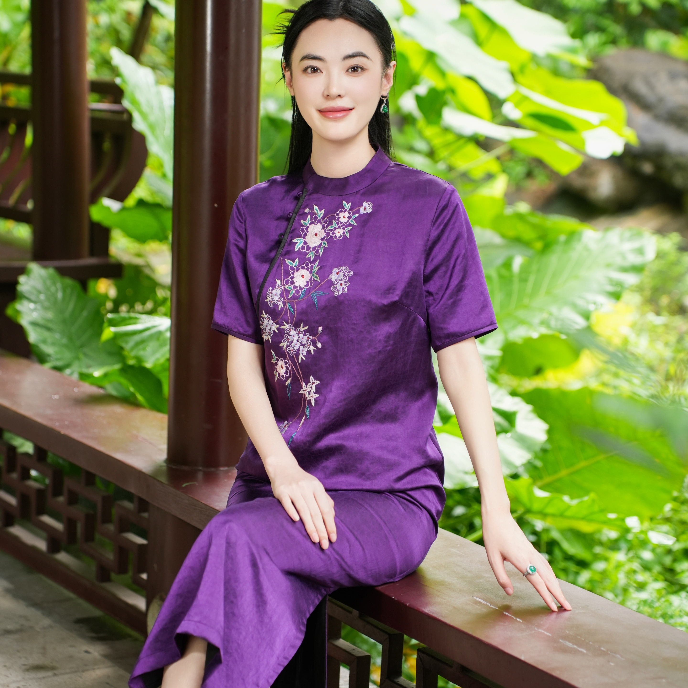 【30mm香云纱 纯手工绣花】觅萝香缎面龟纹 盘扣旗袍裙连衣裙女
