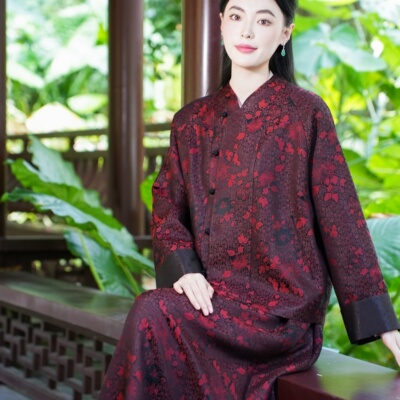 【50MM 铁木机老料锦缎香云纱】觅萝香原创设计V领盘扣中式外套女