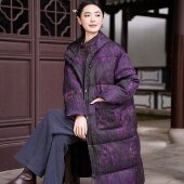 26MM香云纱 印花 90白鹅绒 红云纱 二经绞罗 连帽中长款 羽绒服