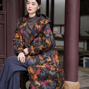 40MM香云纱 连帽长款 90白鹅绒 绢纺提花老料 羽绒服 觅萝香冬