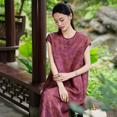 【25MM香云纱 透孔罗】觅萝香新中式红云纱植物扎染过肩袖连衣裙